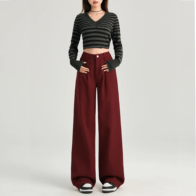 安可拉红阔腿牛仔裤女春秋新款美式高腰宽松显瘦直筒拖地裤字百搭