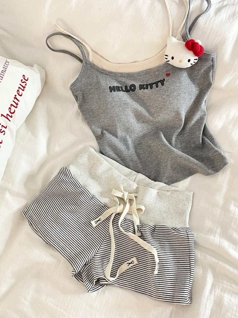 【纯欲字母】甜美风kitty猫带胸垫吊带女夏季新款女大学生睡衣套装