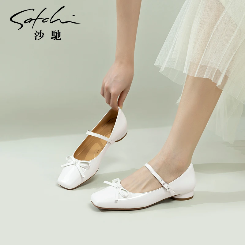 沙驰女鞋粉色甜美玛丽珍鞋女25年春新款低跟单鞋法式晚晚鞋搭裙子