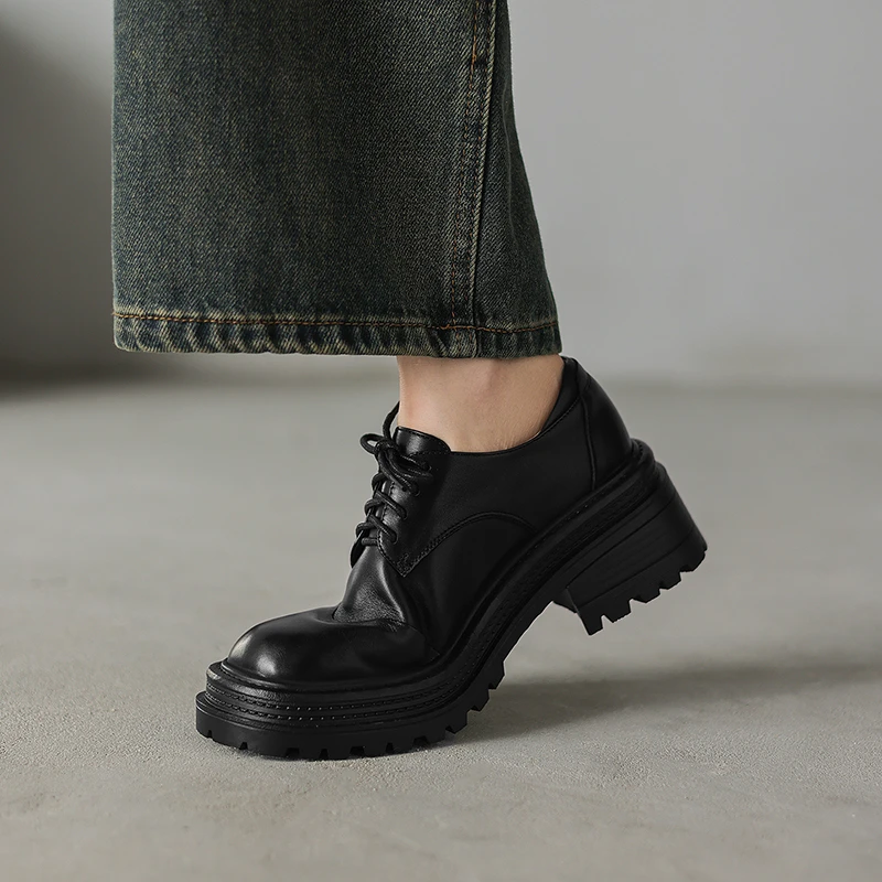 厚底粗跟法式系带乐福鞋女2025年新款秋季百搭英伦风高跟小皮鞋