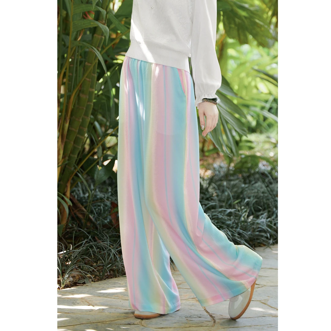 西子/【彩虹】定纺对条工艺雪纺纱感高腰显高阔腿长裤/KZBH1020