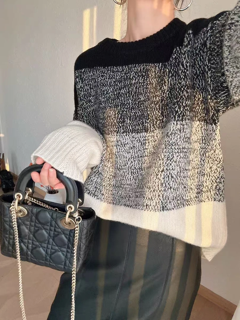 羊毛衫女100%纯羊毛高品质复古慵懒风渐变圆领套头羊毛衫女休闲