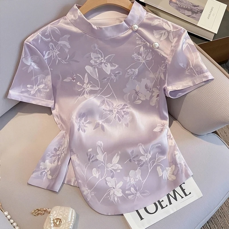 新中式高端国风显瘦提花短袖衬衫女2025夏季小众独特正肩T恤上衣