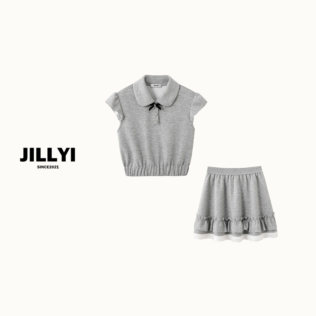 JILLYI南山店【优雅彼岸灰】灰色娃娃领蝴蝶系带韩系气质时尚潮流套