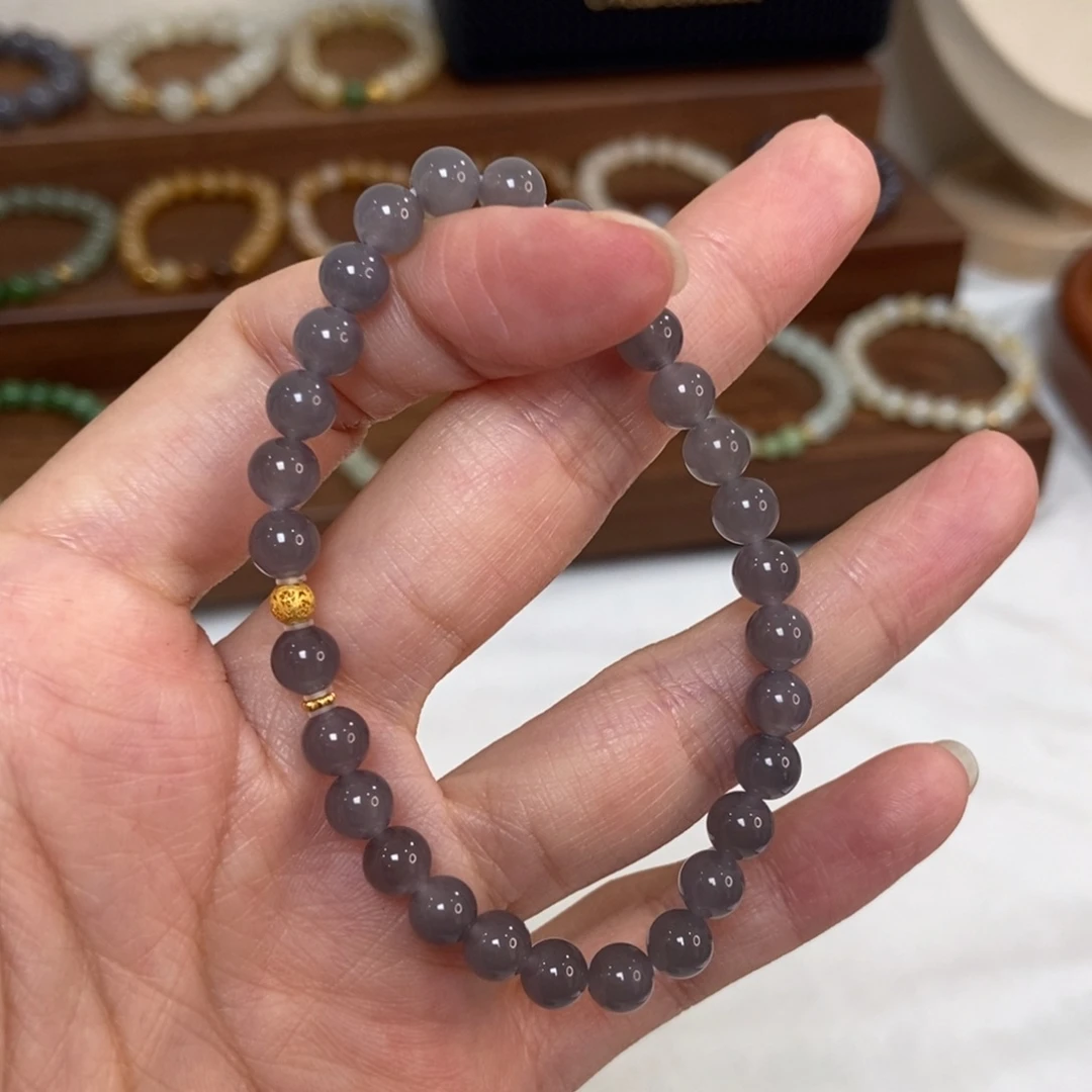 和田玉18K金镶嵌手链6mm深莫兰迪