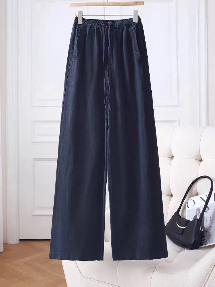 （0225）天丝亚麻裤女2025夏新款高腰宽松杏色垂感休闲窄版直筒裤子