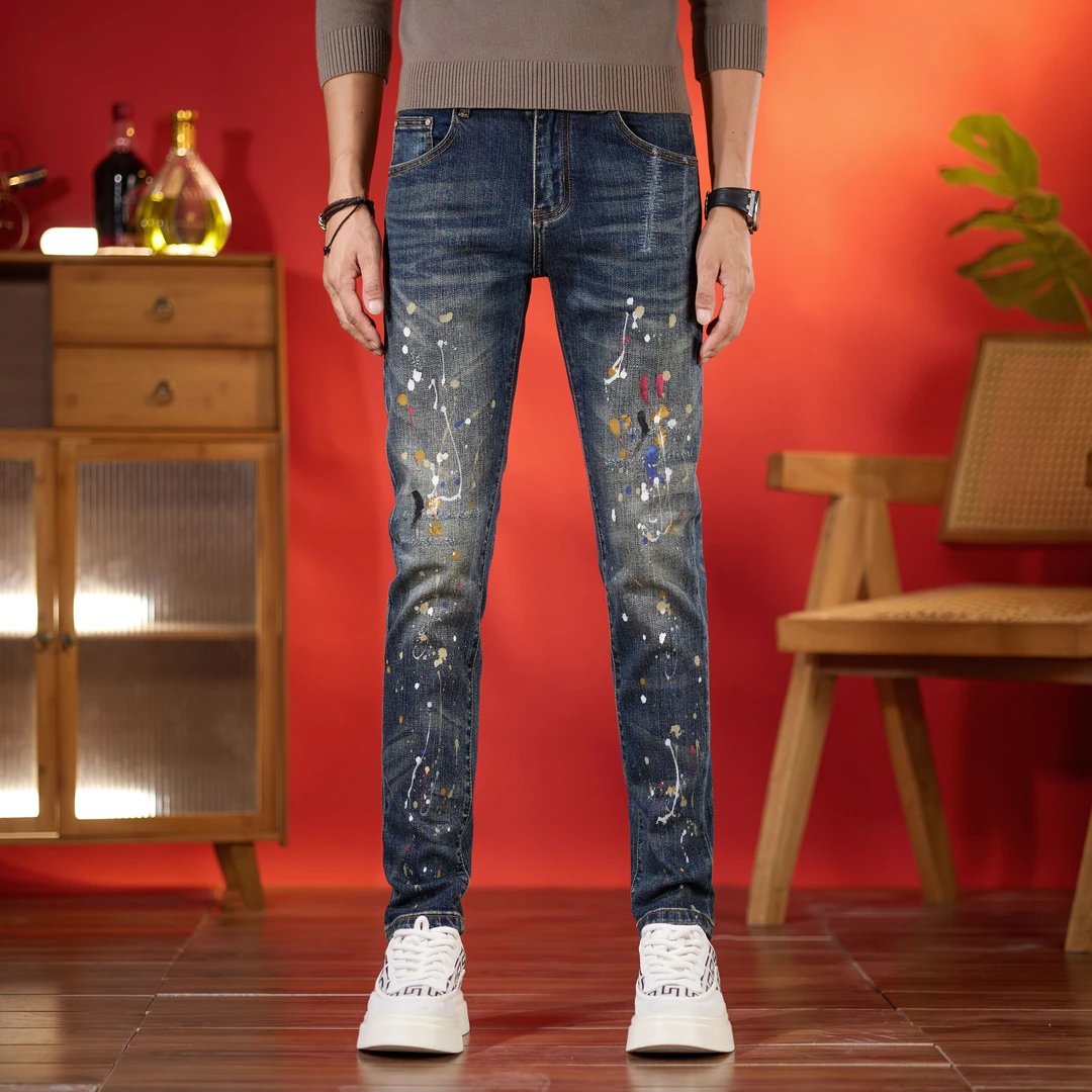 青年个性油漆点设计新款秋季潮流牛仔裤男款痞帅修身小脚长裤