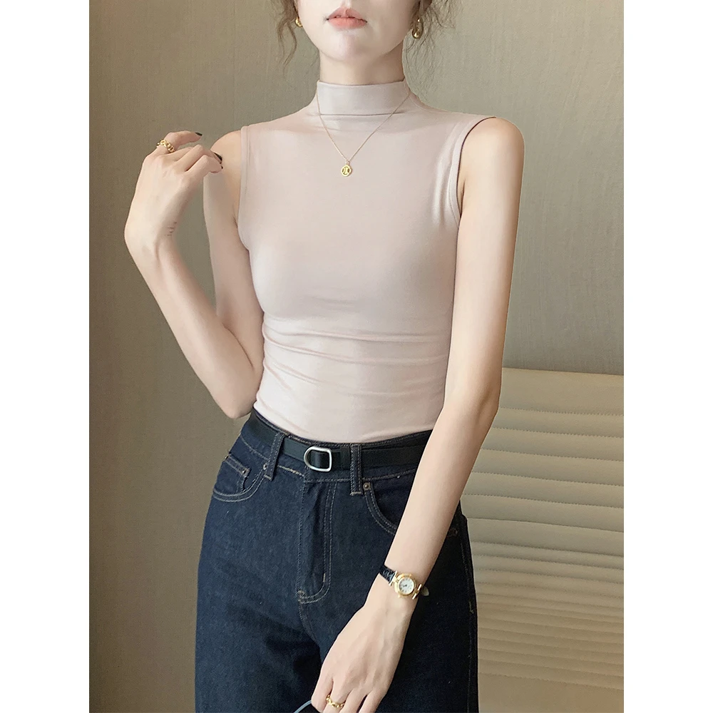 粉色莫代尔半高领无袖背心女内搭2025新款夏外穿坎肩打底冰丝上衣