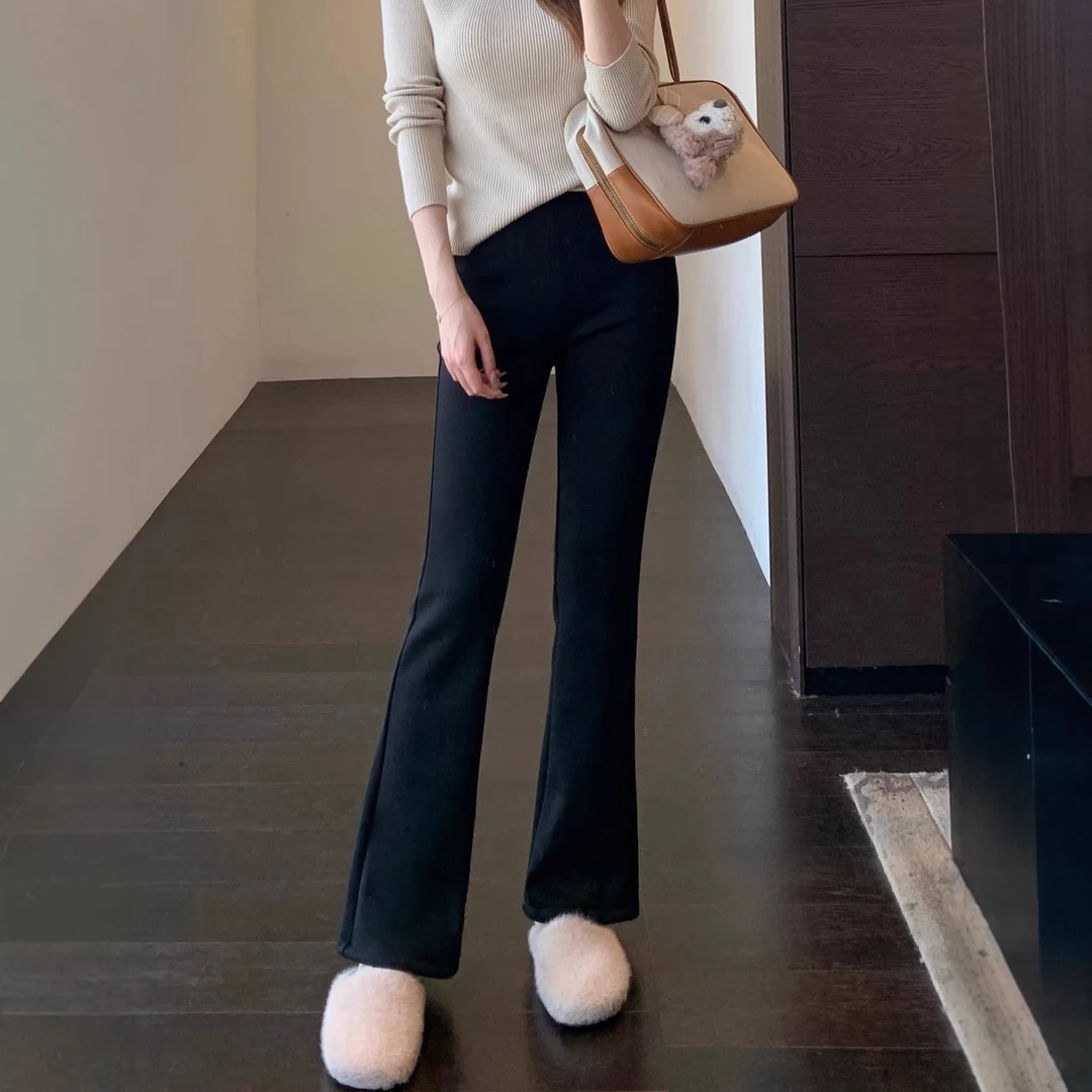 超模大长腿加绒加厚高腰显瘦小黑裤微喇阔腿裤女秋冬新G122201