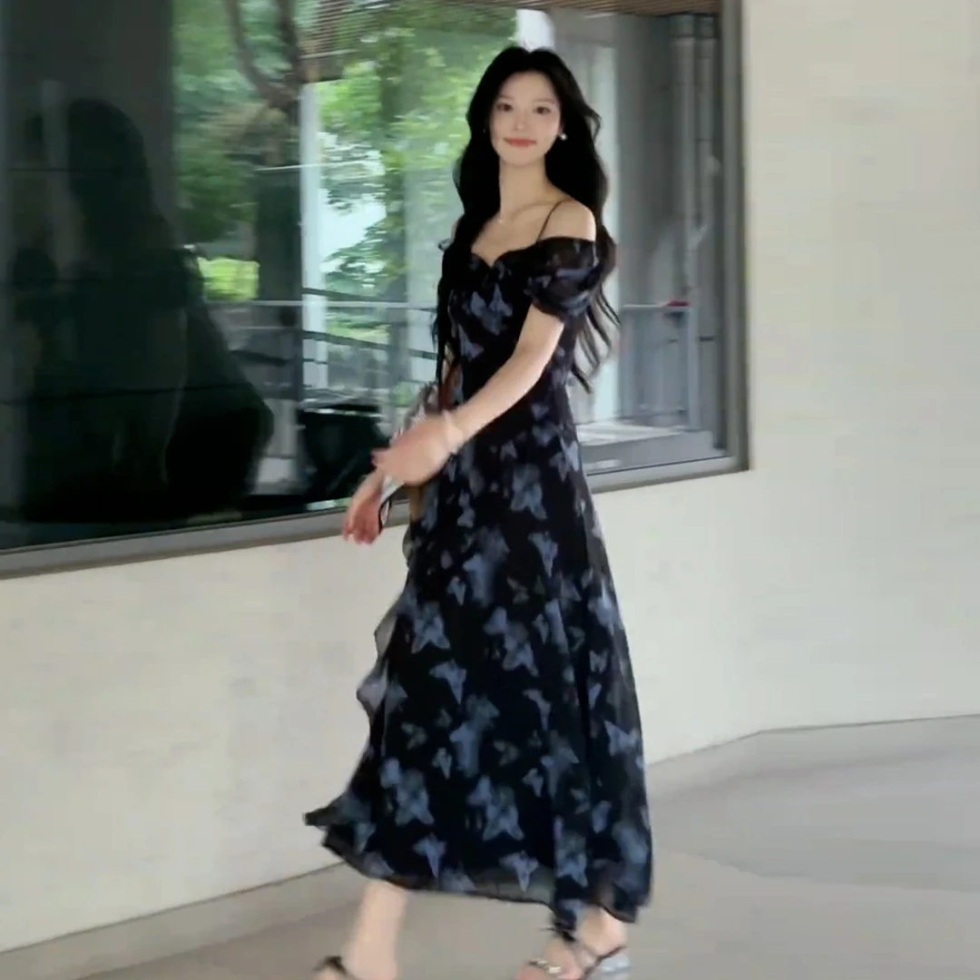 【现货+运补】夏季碎花吊带黑色连衣裙女漂亮掐腰v领长裙清仓4084