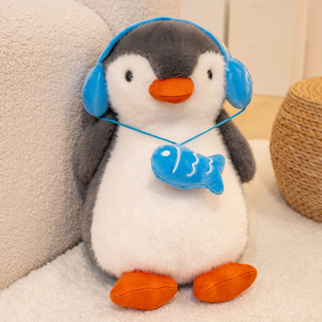 可爱耳机企鹅小鱼仔挂脖玩偶听音乐企鹅公仔陪睡布娃娃生日礼物