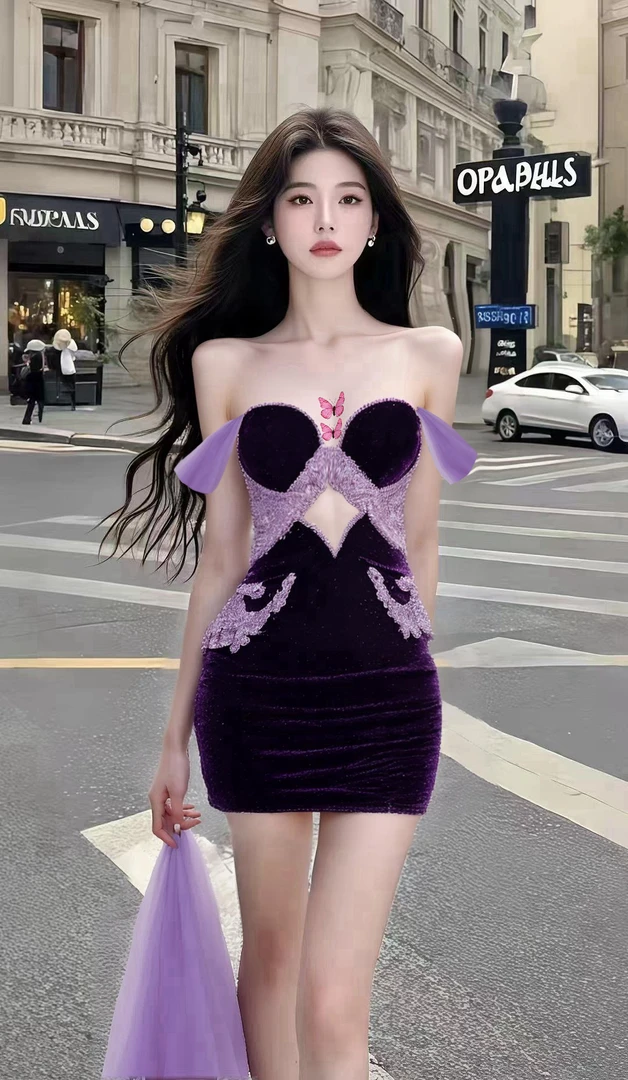 时尚紫色辣妹设计感挂脖露肩抹胸连衣裙性感蕾丝拼接修身包臀短裙