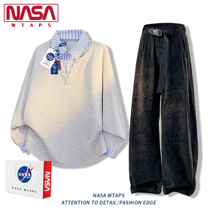 NASA WTAPS美式假两件翻领卫衣套装男女春秋宽松百搭情侣两件套潮