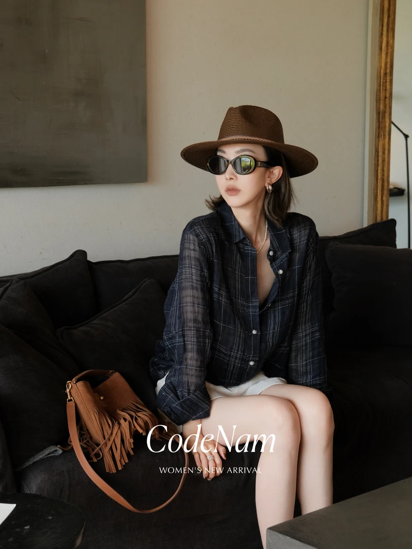 CodeNam小众格子亚麻牛仔格纹衬衫新款宽松女款长袖上衣黑色衬衣