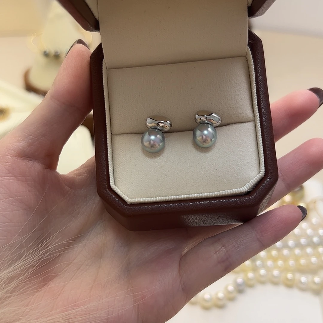 银S925镶嵌耳饰海水珍珠许愿石款 真多麻色极炫耳钉