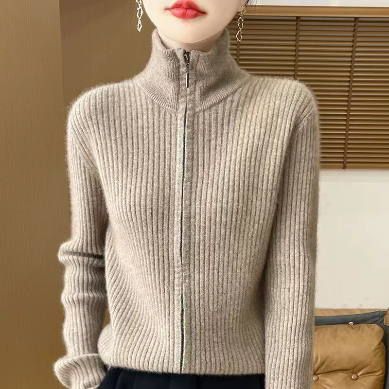 高端100%纯羊毛衫女开衫秋冬针织衫高领宽松抽条上衣拉链外搭外套