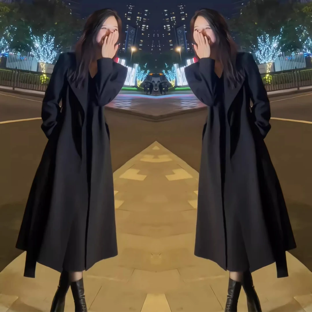 大码网红简约时髦女神范炸街爆款秋季过膝长款系带翻领风衣外套潮