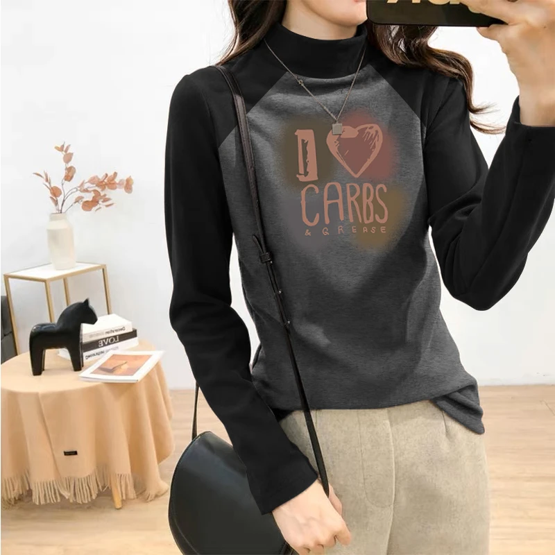 德绒加绒加厚保暖半高领长袖T恤女秋冬季磨毛内搭插肩上衣打底衫