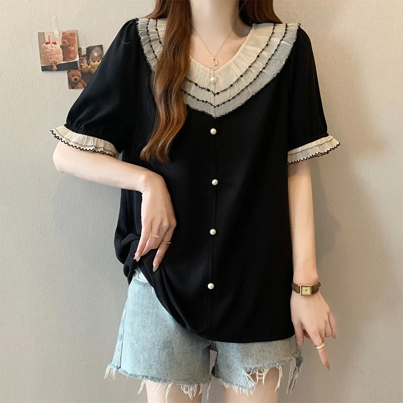 大码女装法式拼接短袖打底衫女夏季胖mm洋气百搭正肩遮肚子上衣女
