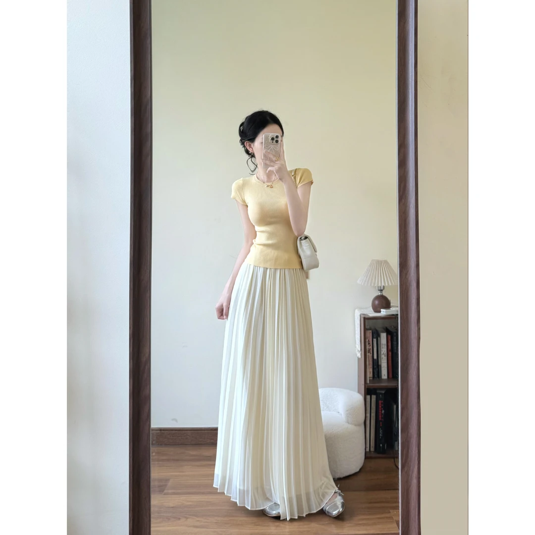 INS CEC韩系温柔淡黄色短袖上衣a字大摆裙杏色百褶半身裙两件套