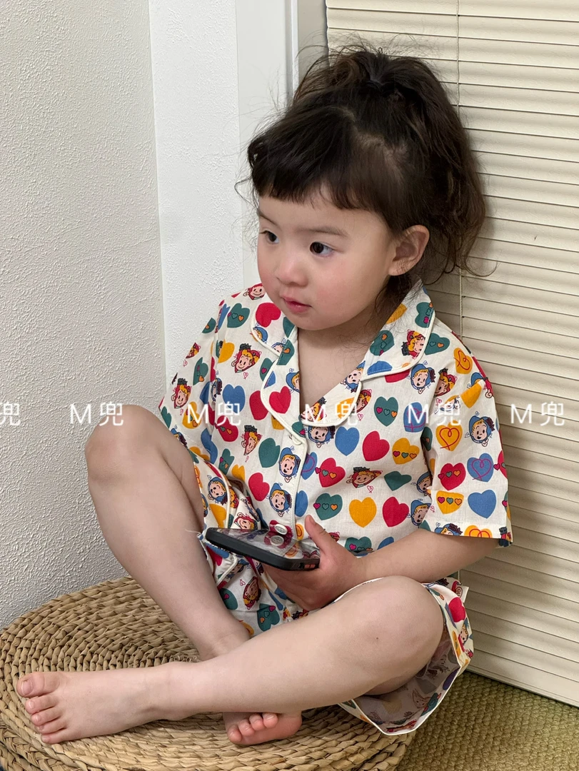 儿童100%棉布睡衣夏季短袖短裤两件套装男女童宝宝透气空调家居服