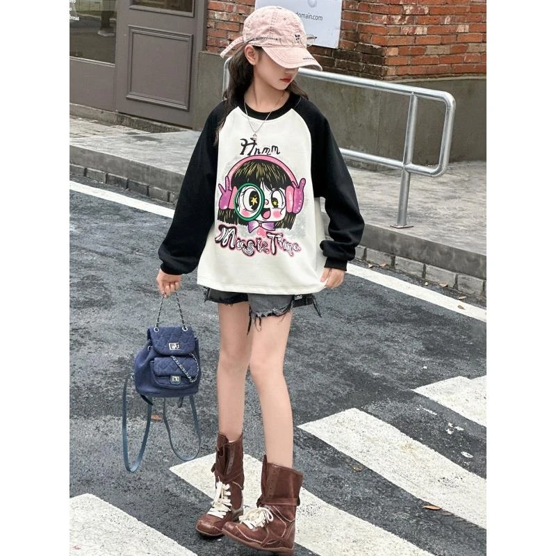 女童宽松版卡通长袖T恤早秋款拼接卫衣宽松中大童洋气百搭上衣潮