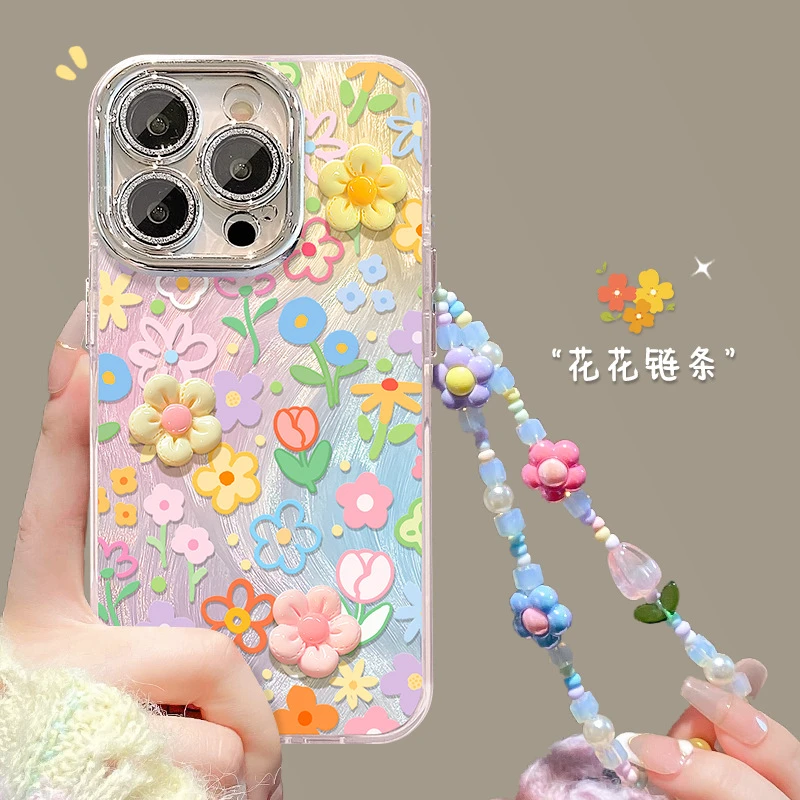 花朵公仔手链适用苹果16手机壳iphone15小清新14多巴胺13高级感11