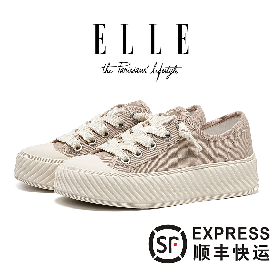 ELLE经典款饼干鞋小众百搭厚底低帮鞋复古硫化底板鞋高能感帆布鞋
