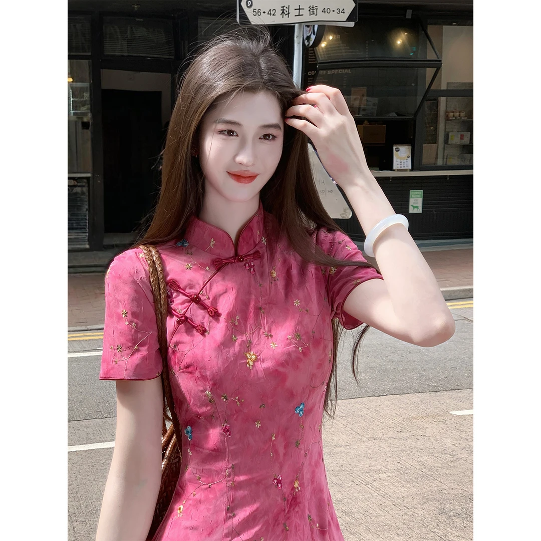 凌茜恣禾【玫岫花霰】国风新中式玫红扎染碎花撞色裙复古改良旗袍裙