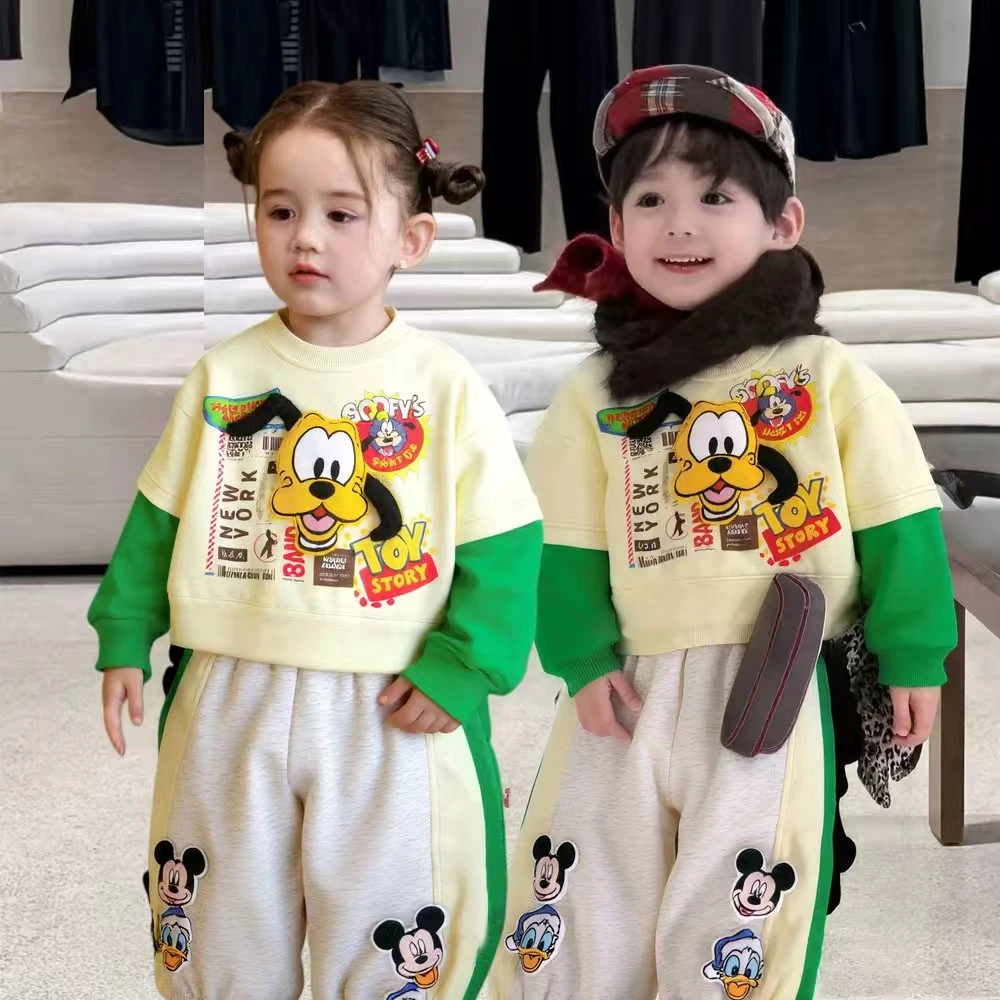 儿童套装2025秋冬新款男童小童韩版动漫涂鸦拼色加绒卫衣卫裤套装