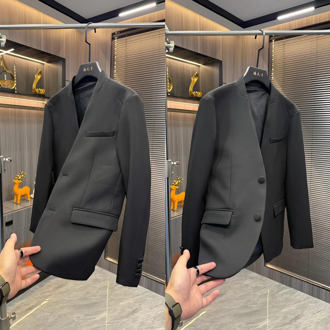 商务休闲经典扣子男秋季无领有形西服简单大气修身有范西装男