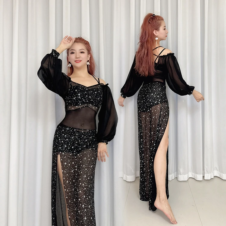 SWEGAL肚皮舞练功服性感一字肩长袖泡泡袖雪花星空圣诞款连衣裙