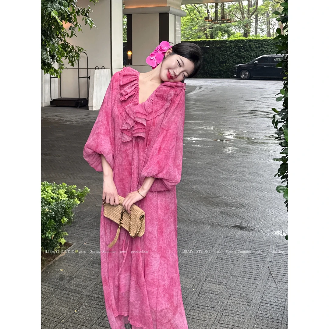 LIBAIYI 春池水/甜美重工木耳边V领长袖设计感连衣裙1715