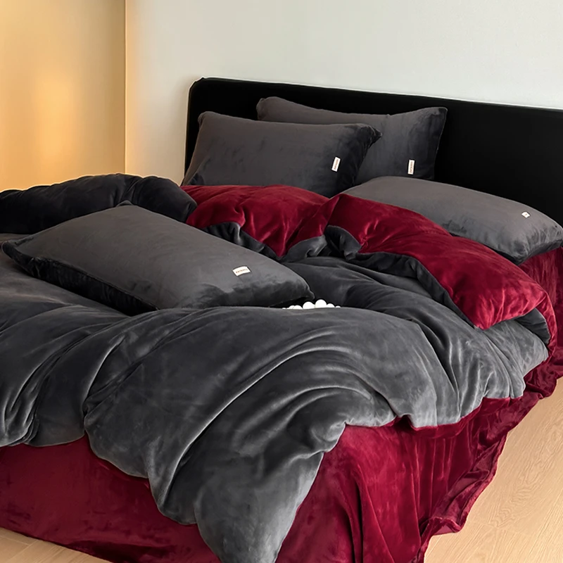 秋冬加厚保暖牛奶绒四件套简约纯色珊瑚绒法兰绒被套床单床上用品