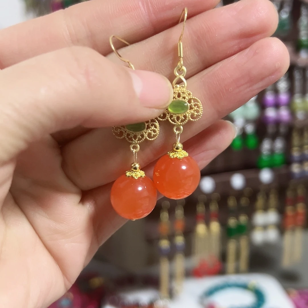 银S925镶嵌耳钉玛瑙/玉髓红色