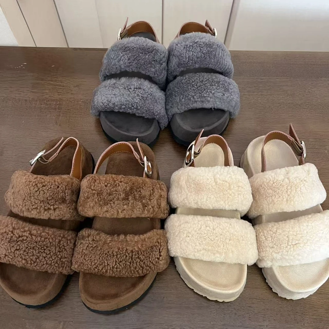 时装绒鞋半拖胶粘外穿法式鞋子一字式扣带圆头厚底