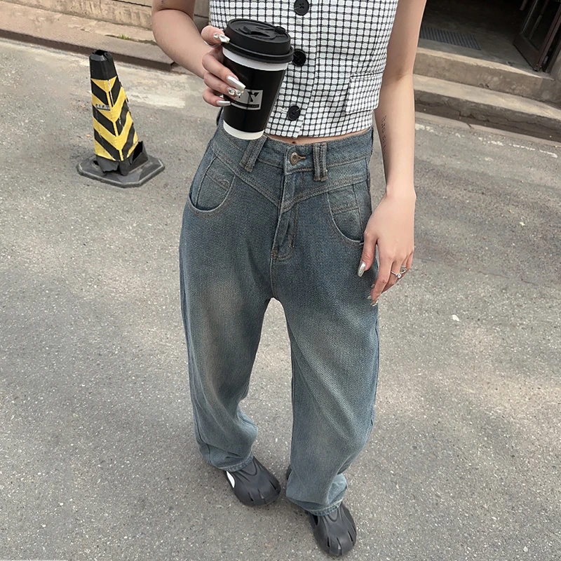 裤长110cm 窄版阔腿牛仔裤女高腰秋冬加绒辣妹星空纹高个子直筒裤