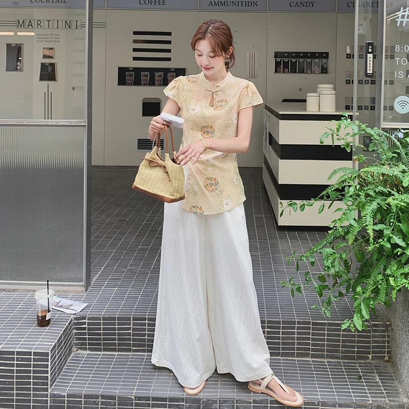 新中式国风印花衬衫阔腿裤套装女2025夏季新款独特漂亮超火两件套