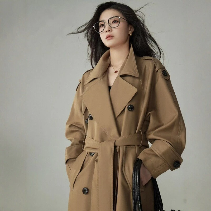 风衣外套女款2025新款高级感廓形大翻领双排扣长款气质卡其色大衣
