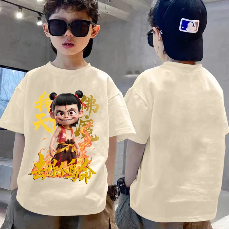 个性魔丸哪吒卡通夏季新款男女中大儿童短袖t恤纯棉圆领宽松上衣