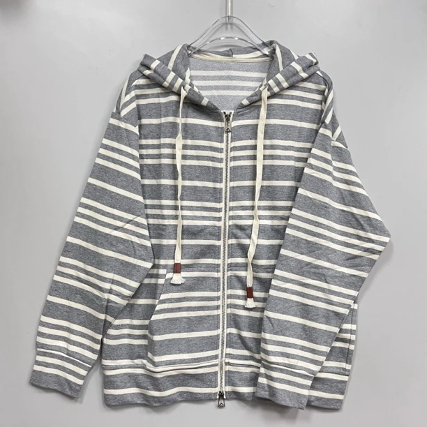 2511116抽绳连帽条纹外套女慵懒风百搭薄款宽松25新款