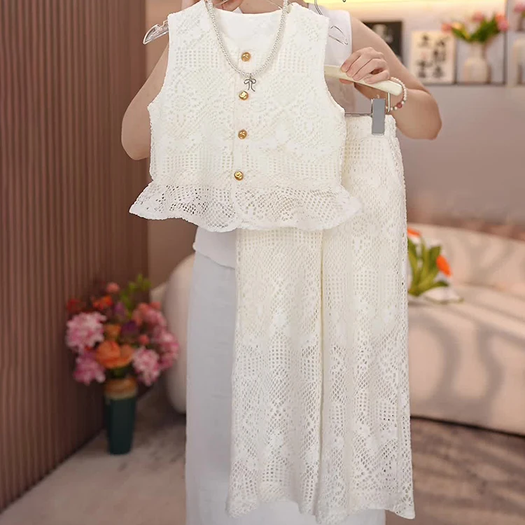韩系女童套装2025夏季款儿童洋气蕾丝无袖背心裤子休闲两件套装