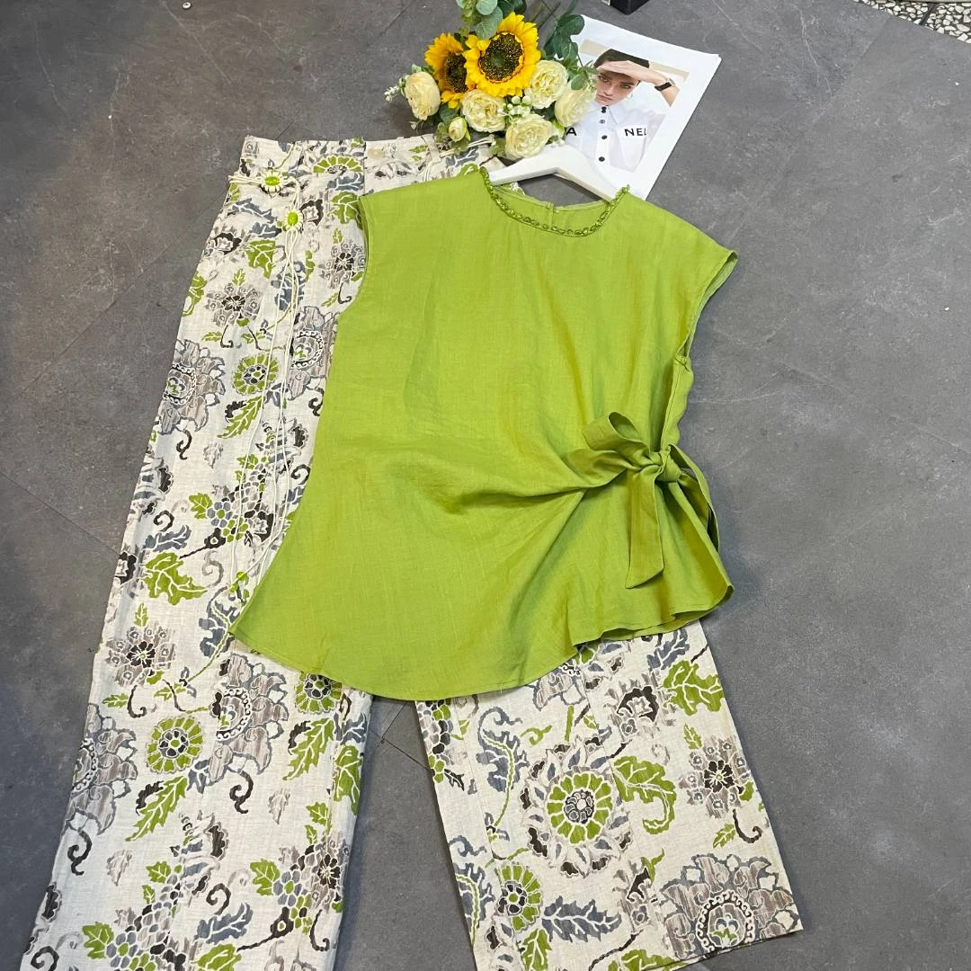 【套装】中式阔腿裤女春夏新款中国风松紧腰提花休闲套装88X281