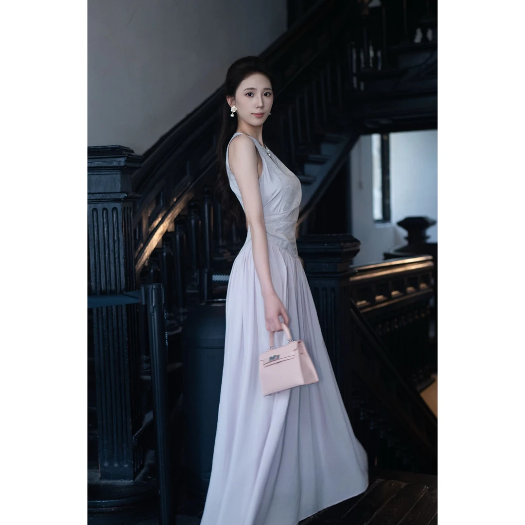 现货Ayana【珠帘玉幕】2025新中式仿真丝皱拼接人丝提花连衣裙6258