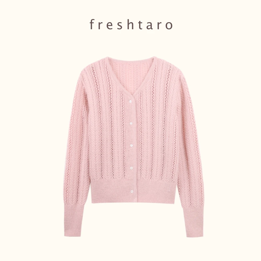 freshtaro 蜜桃粉/香芋紫 两个版本马海毛镂空针织开衫外套女春季