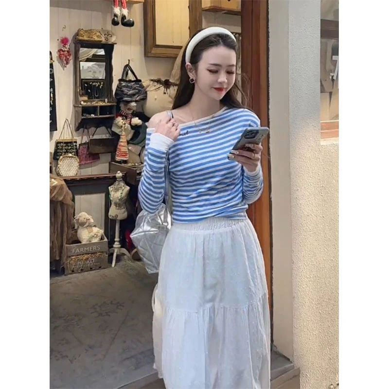 文艺时尚清新宽松女装早秋季显瘦斜肩条纹长袖T恤法式高腰半身裙