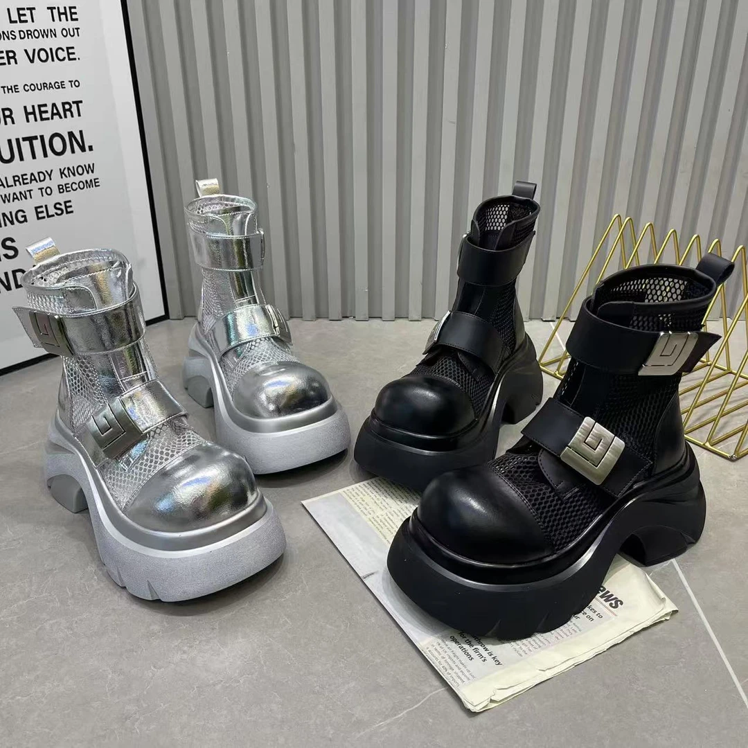 镂空厚底增高7cm马丁靴女25薄款高帮凉靴复古金属扣网靴罗马凉鞋