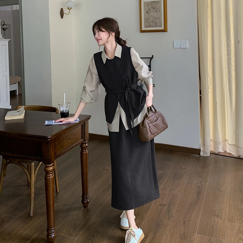 时尚套装时尚复古早秋春秋女装裙子气质洋气假两件显瘦长袖法式