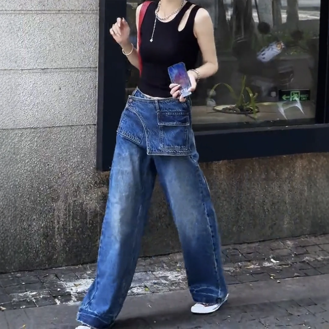 大码阔腿牛仔裤女夏季薄款2025新款胖mm显瘦宽松美式复古直筒裤子