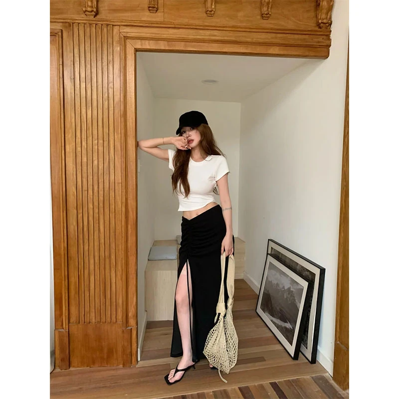 正肩短袖简约露背性感气质修身上衣T恤百搭显瘦休闲开叉半身裙女